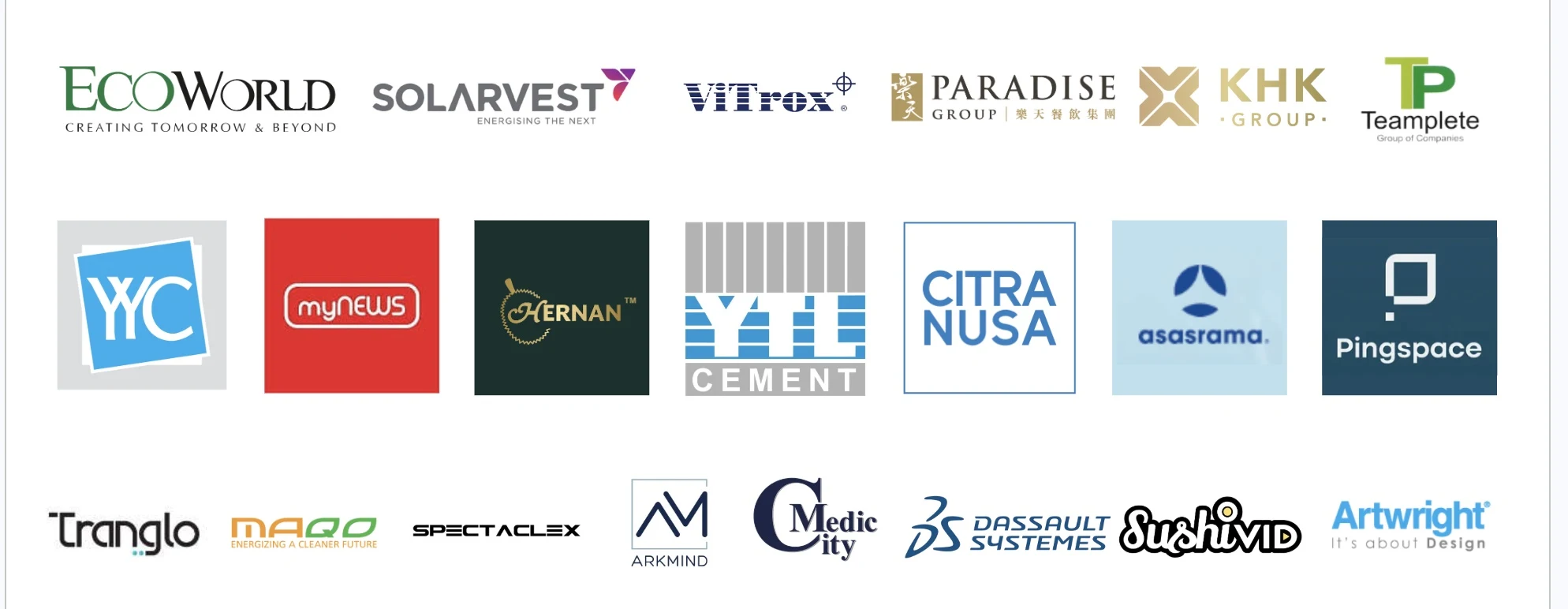 Client logos: EcoWorld, Solarvest, Vitrox, Paradise Group, KHK Group, Teamplete, YYC, myNEWS, Hernan, YTL Cement, Citra Nusa, Asasrama, Pingspace, Tranglo, Maqo, Spectaclex, ArkMind, Medic City, Dassault Systèmes, SushiVid, Artwright
