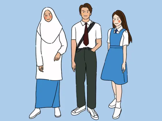 Three students in uniforms stand against a blue background. One wears a hijab, another a tie, and the third a pinafore. All look content.