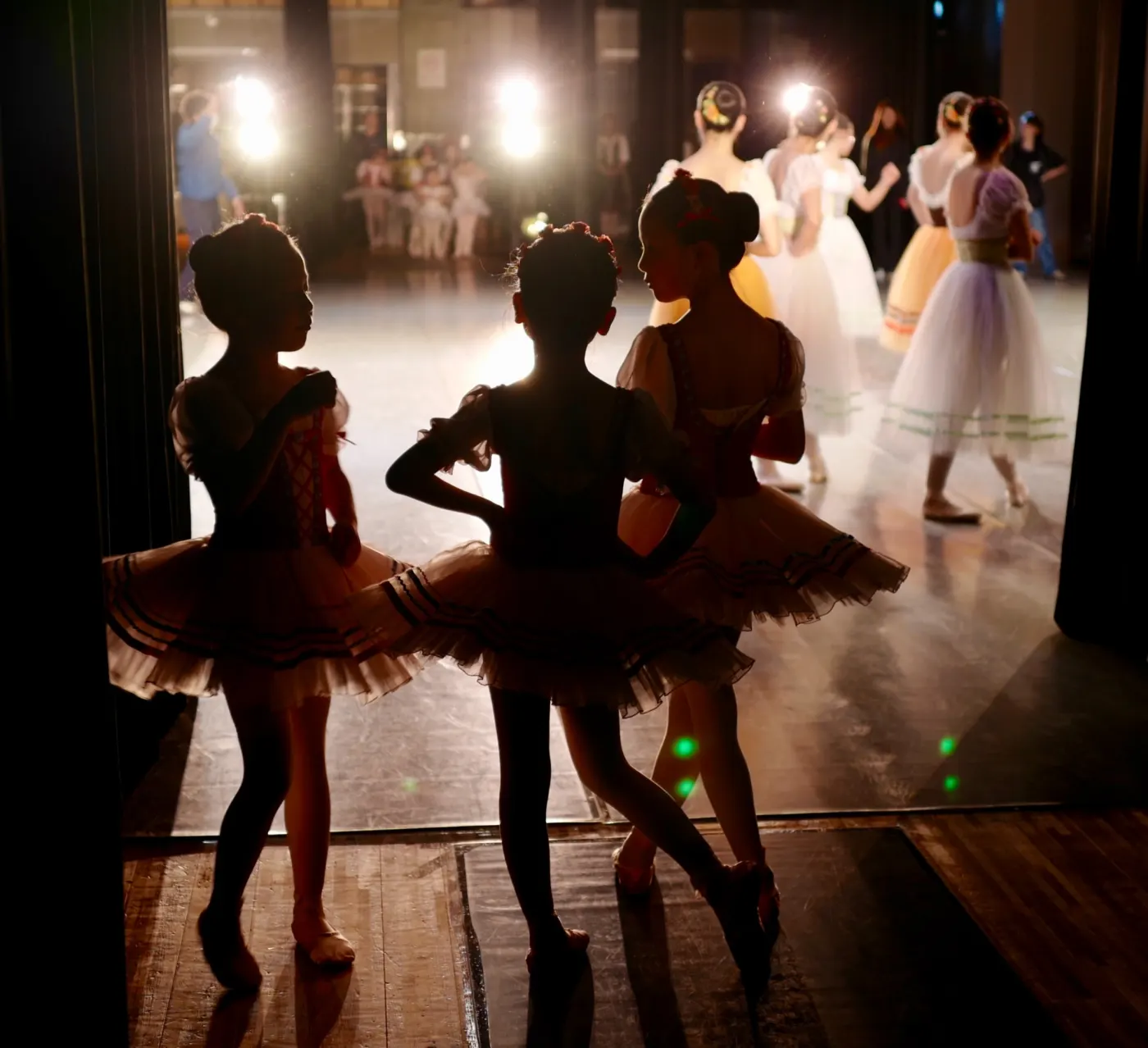 Silhouetted ballerinas wait backstage, watching others dance on a lit stage. Tulle skirts and soft lighting create a serene ambiance.