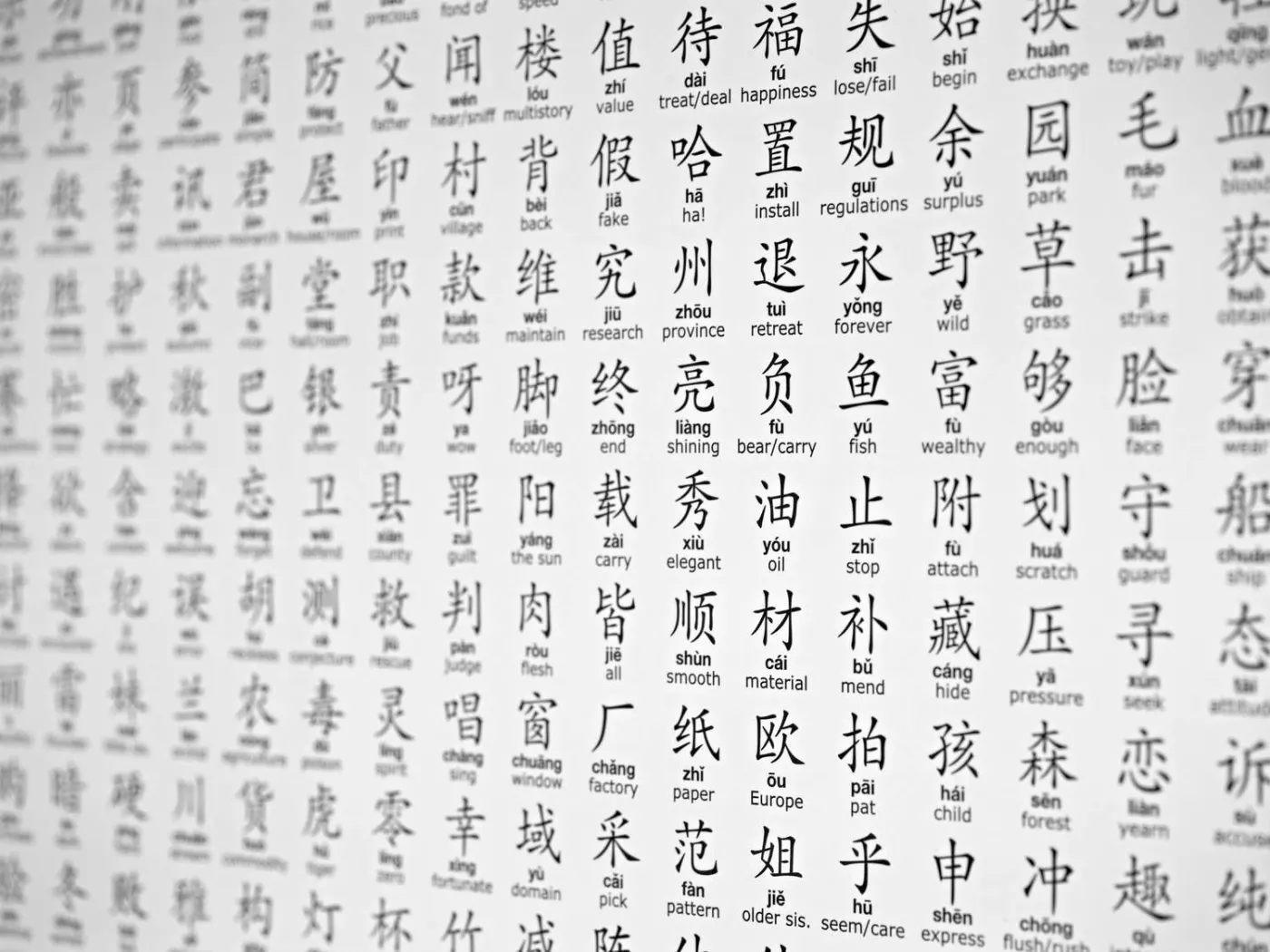 Rows of Chinese characters in black ink with English translations on a white background, creating a text-heavy, educational mood.