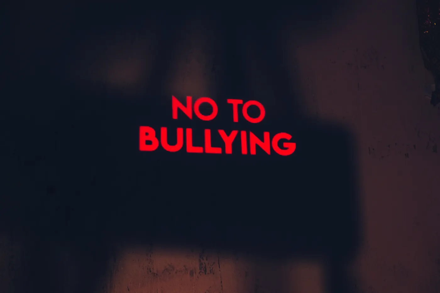 Red text "NO TO BULLYING" on a dark background. The message is clear and bold, creating an impactful and serious mood.