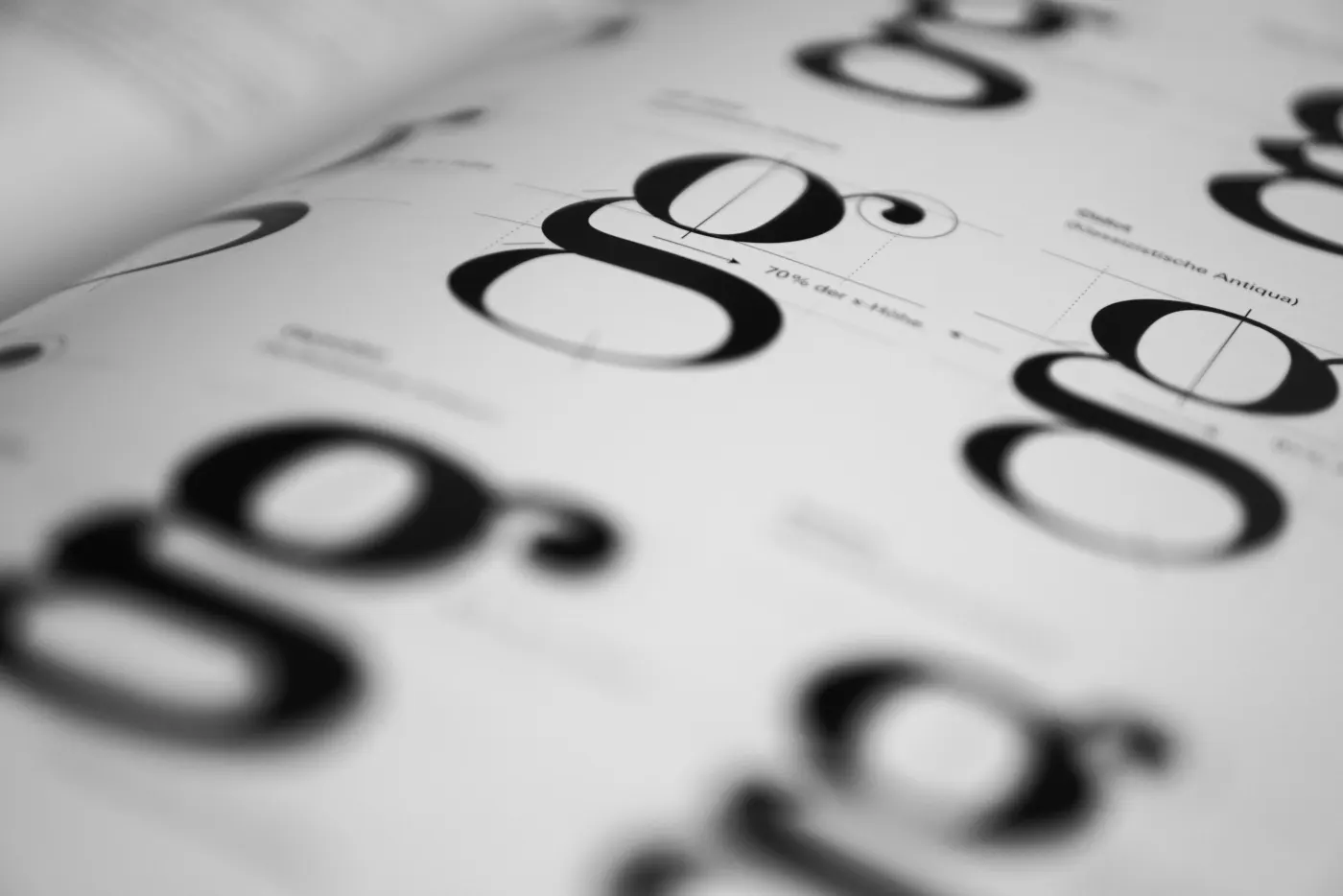 Close-up of a typeface design guide featuring the letter "g" in black ink on white paper, showing size guidelines and annotations.