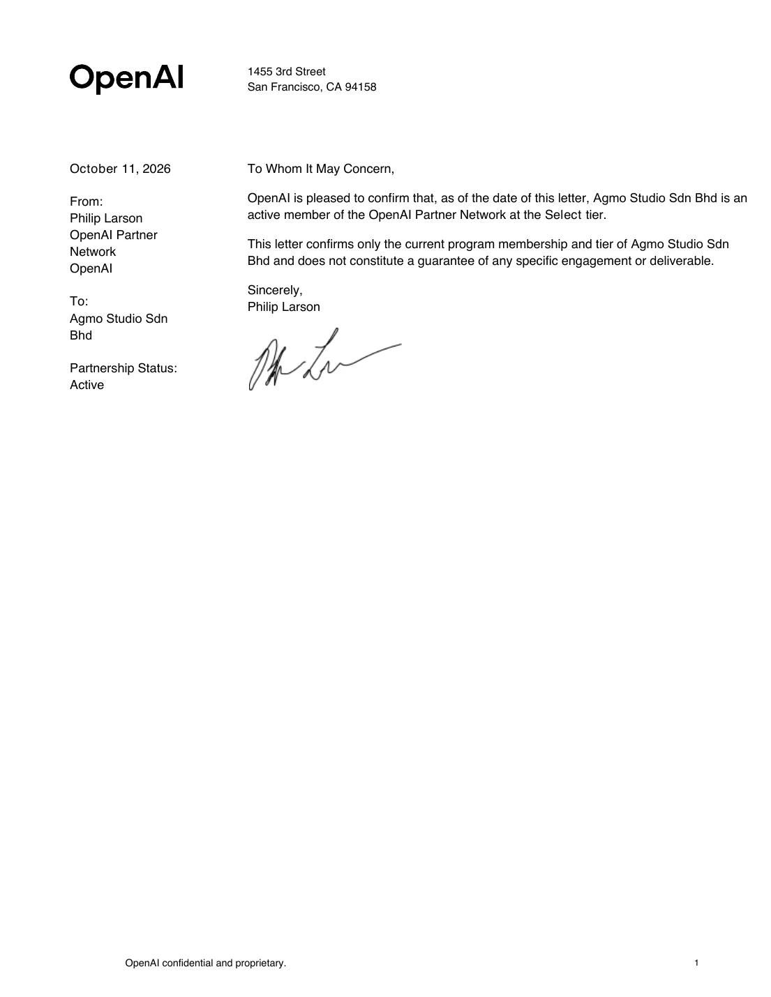 Letter from OpenAI dated 11 October 2026 confirming Agmo Studio Sdn Bhd is an active member of the OpenAI Partner Network at the Select tier