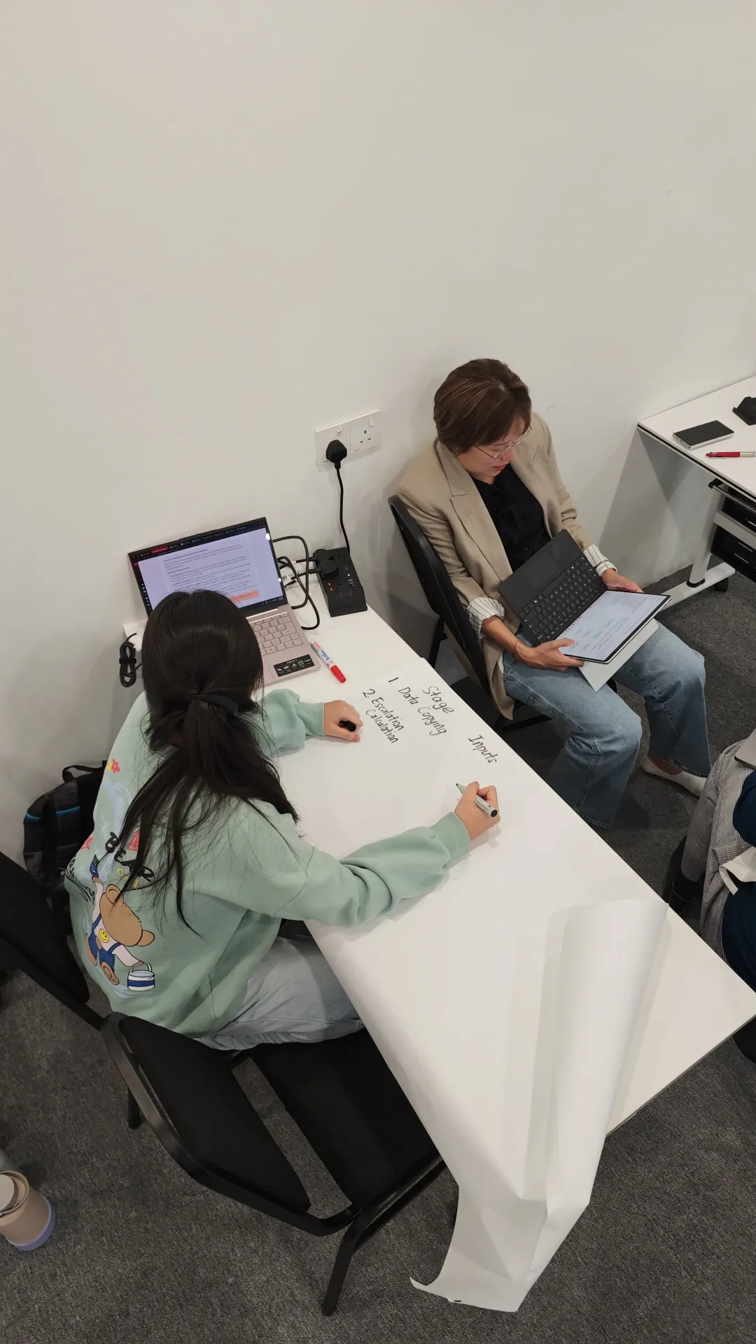 Participant writing with a marker on a sheet of white paper laid on a desk, headed Stage, with entries Data Copying and Escalation Calculation, beside an open laptop while another participant reads a tablet