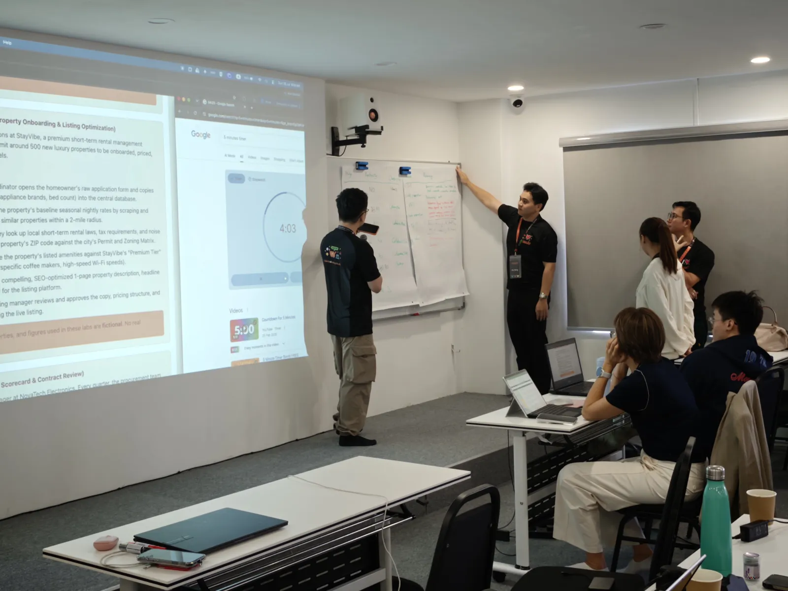 Two trainers beside a whiteboard with paper sheets while a projector shows lab scenario text and a 5-minute countdown timer, with participants seated at laptops in the foreground